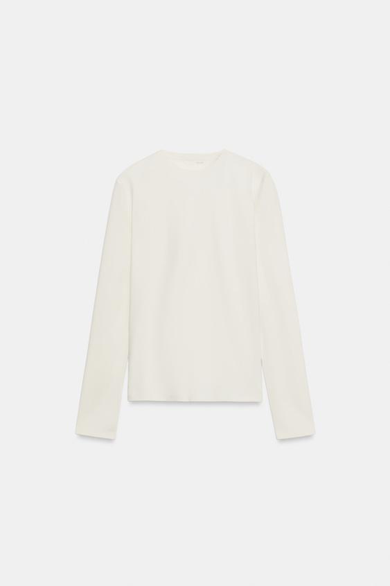 Long sleeve interlock T-shirt - Ecru by Zara - Image 0
