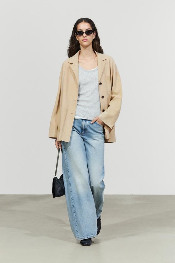 Zara Suede leather blazer with pockets - Beige - Image 0