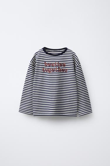 Zara STRIPED TEXT T-SHIRT - Blue / White - Image 0