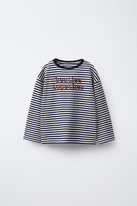 T-SHIRT À RAYURES ET INSCRIPTION - Bleu / Blanc de Zara - Image 0
