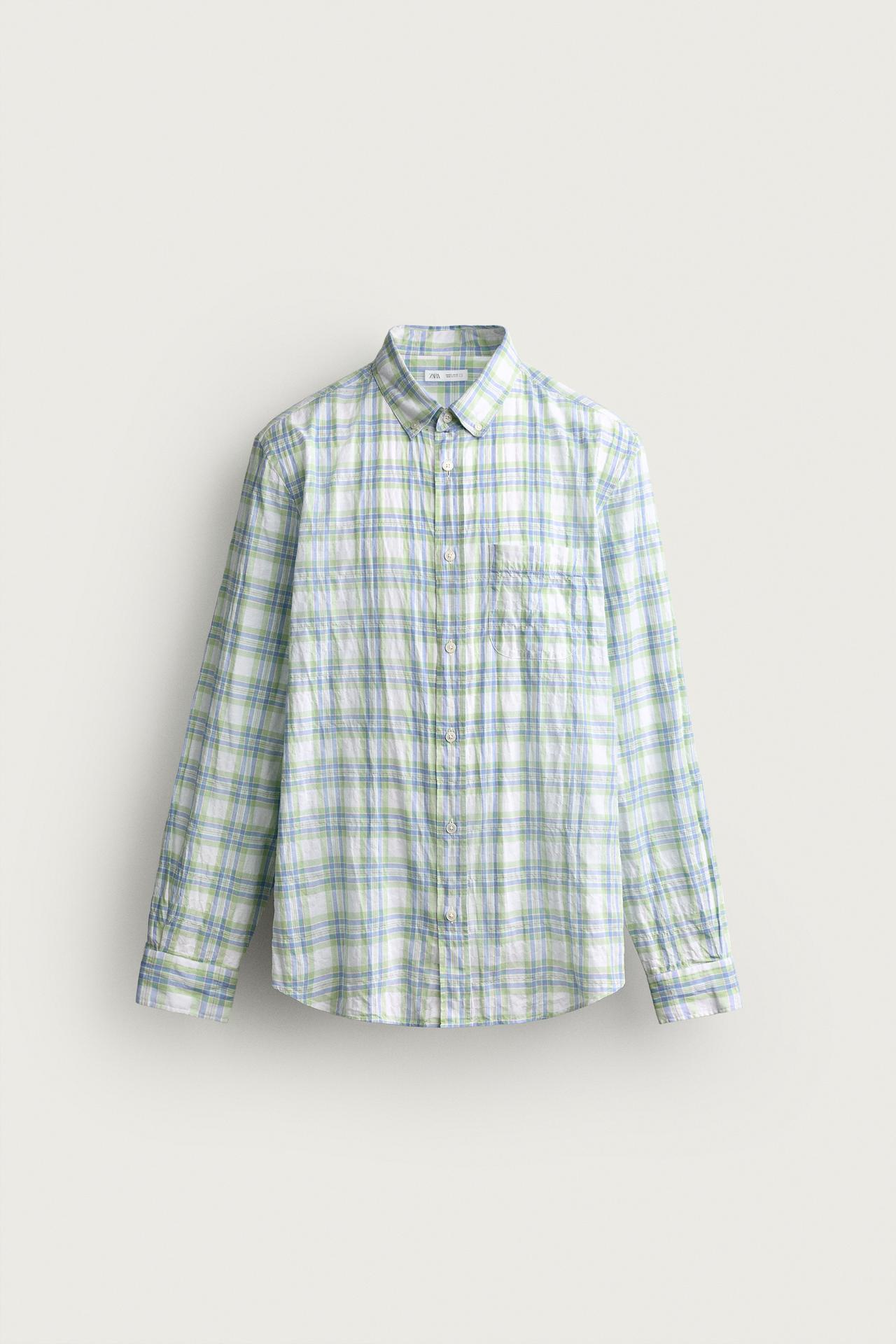 REGULAR FIT WRINKLE EFFECT PLAID SHIRT — Green / Blue