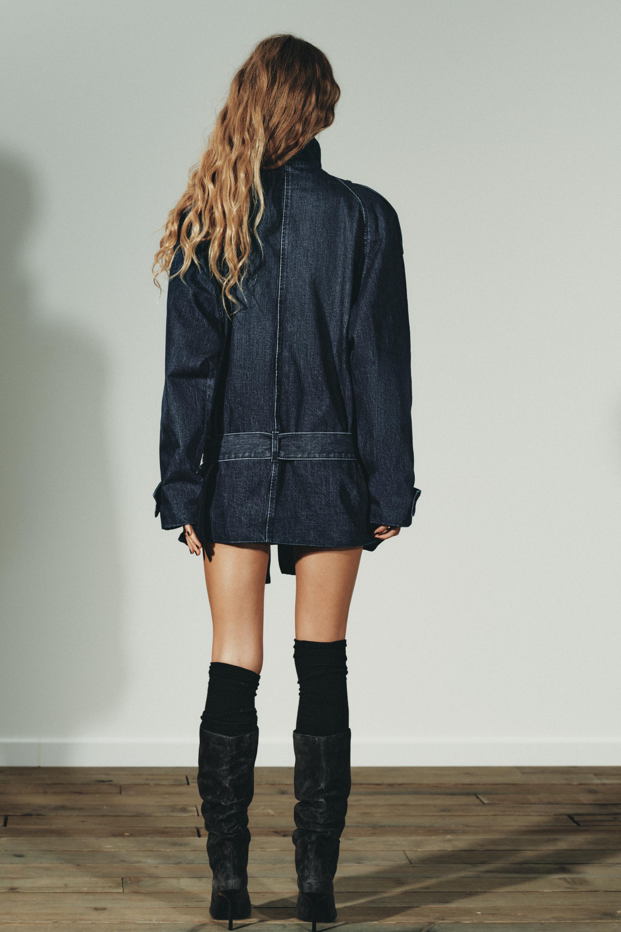 TRF BELTED DENIM MIDI TRENCH COAT