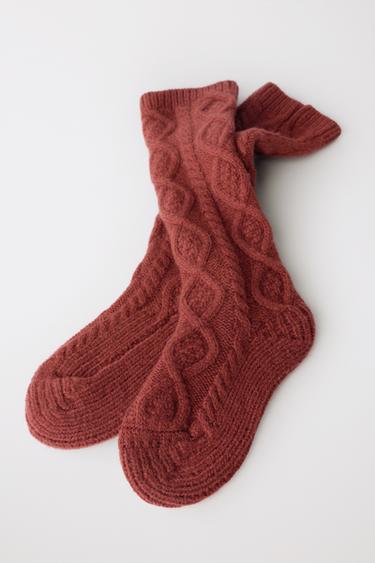 LONG CABLE-KNIT WOOL SOCKS LIMITED EDITION - Burgundy by Zara - Image 1