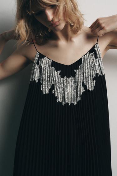PLEATED DRESS WITH EMBROIDERY AND LACE - Black by Zara - Image 4