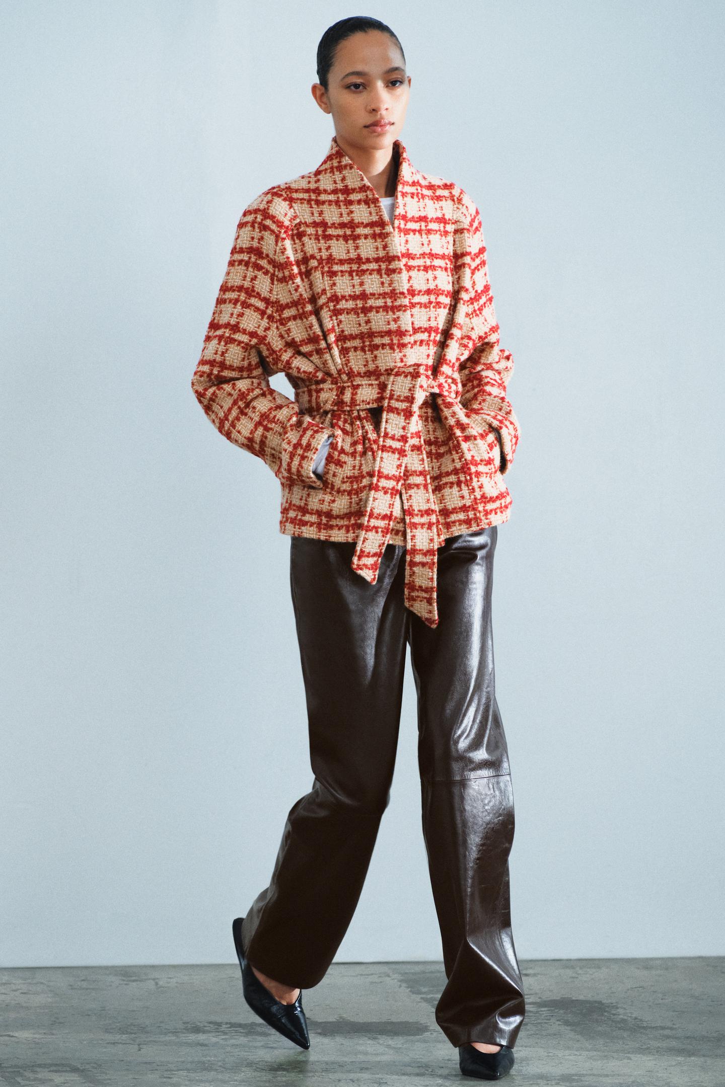Женская куртка Zara ZW Collection Belted Wool, цвет: Красный / Белый — фото 5