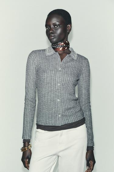 VESTE EN MAILLE COURTE COL BIJOU - Gris chiné de Zara - Image 1