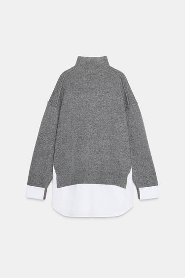 KNIT SWEATER WITH CONTRAST POPLIN - White / Grey by Zara - Image 3