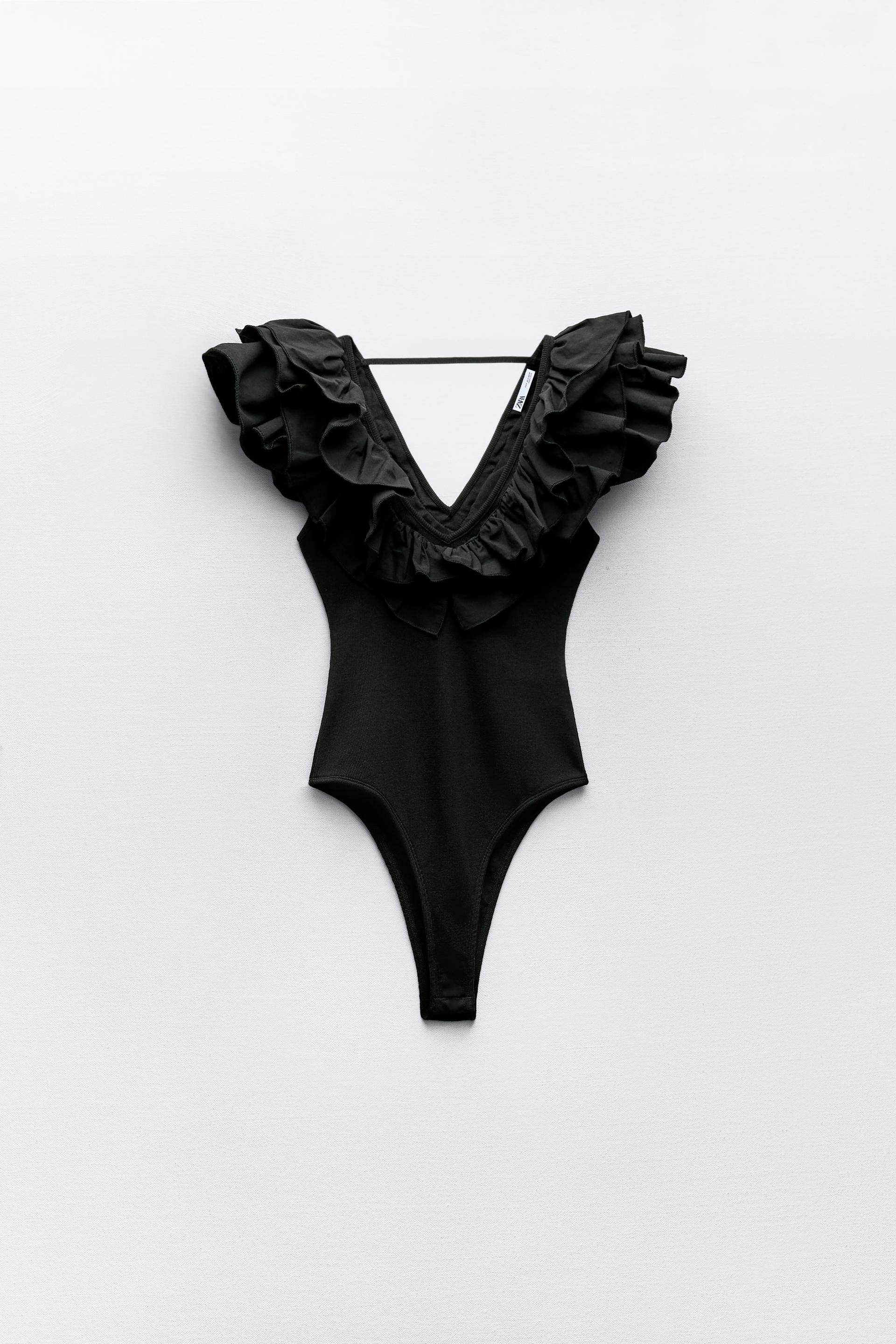 Zara, Tops, Zara Black Ribbed Bodysuit With Dramatic Ruffle Sleeves