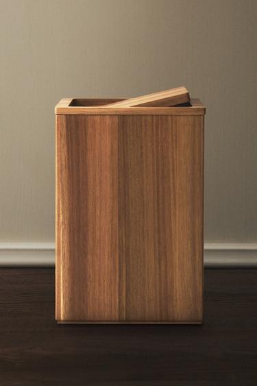 LARGE SQUARE WOODEN BATHROOM TRASH CAN — Light beige 1