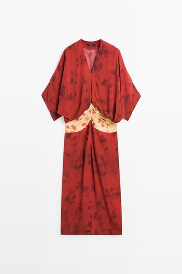 Zara Printed flowing dress with sash detail - Intense red - Image 0