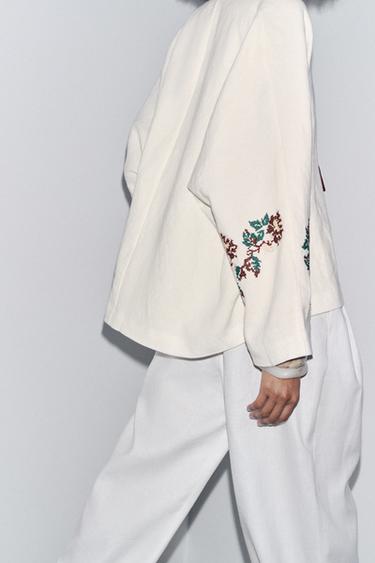 100% LINEN EMBROIDERED KIMONO - Ecru by Zara - Image 2