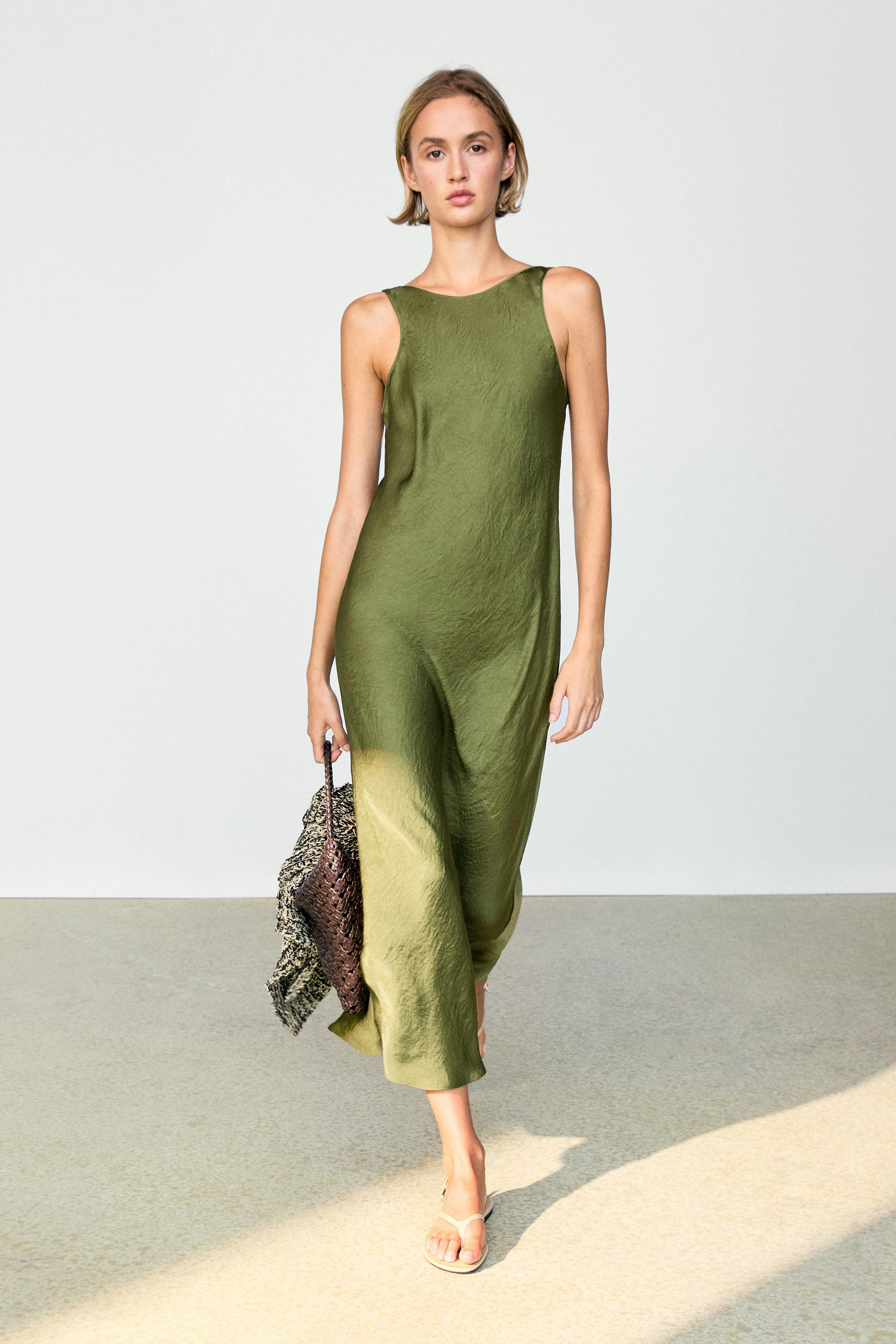 midi green dress zara ZARA NEW WOMAN MIDI COWL-NECK SATIN SLIP DRESS OLIVE GREEN XS-XL REF.  9878/168