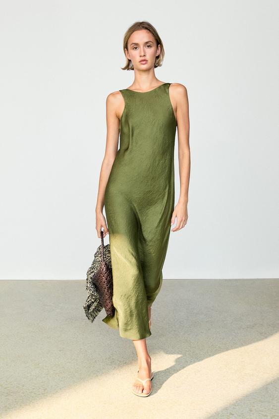 zara green cami dress New Zara Lingerie Style Wrap Draped Midi Camisole Dress Size Medium M Green