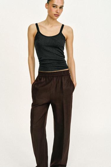 PANTALON DROIT AVEC LIN - Marron foncé de Zara - Image 2
