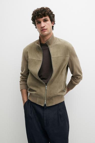 Zara Contrast knit and suede leather jacket - Light khaki