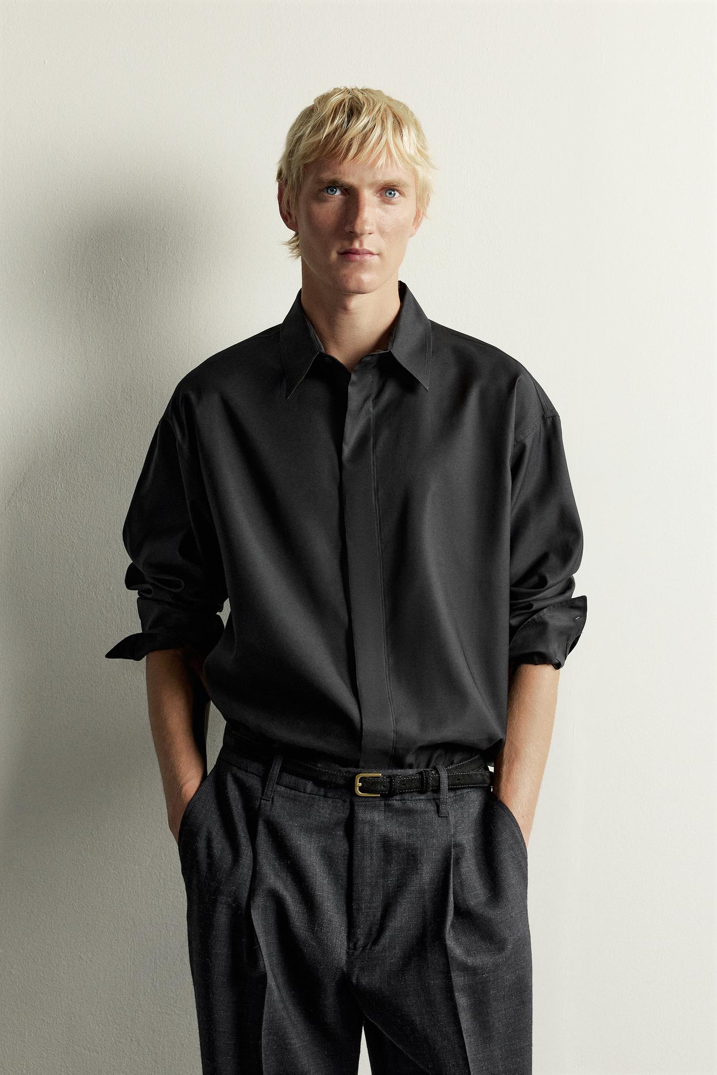 Мужская рубашка Zara Relaxed-Fit Fluid, цвет: Чёрный — фото 2