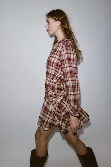 ROBE COURTE À CARREAUX - Écru / Grenat de Zara - Image 3