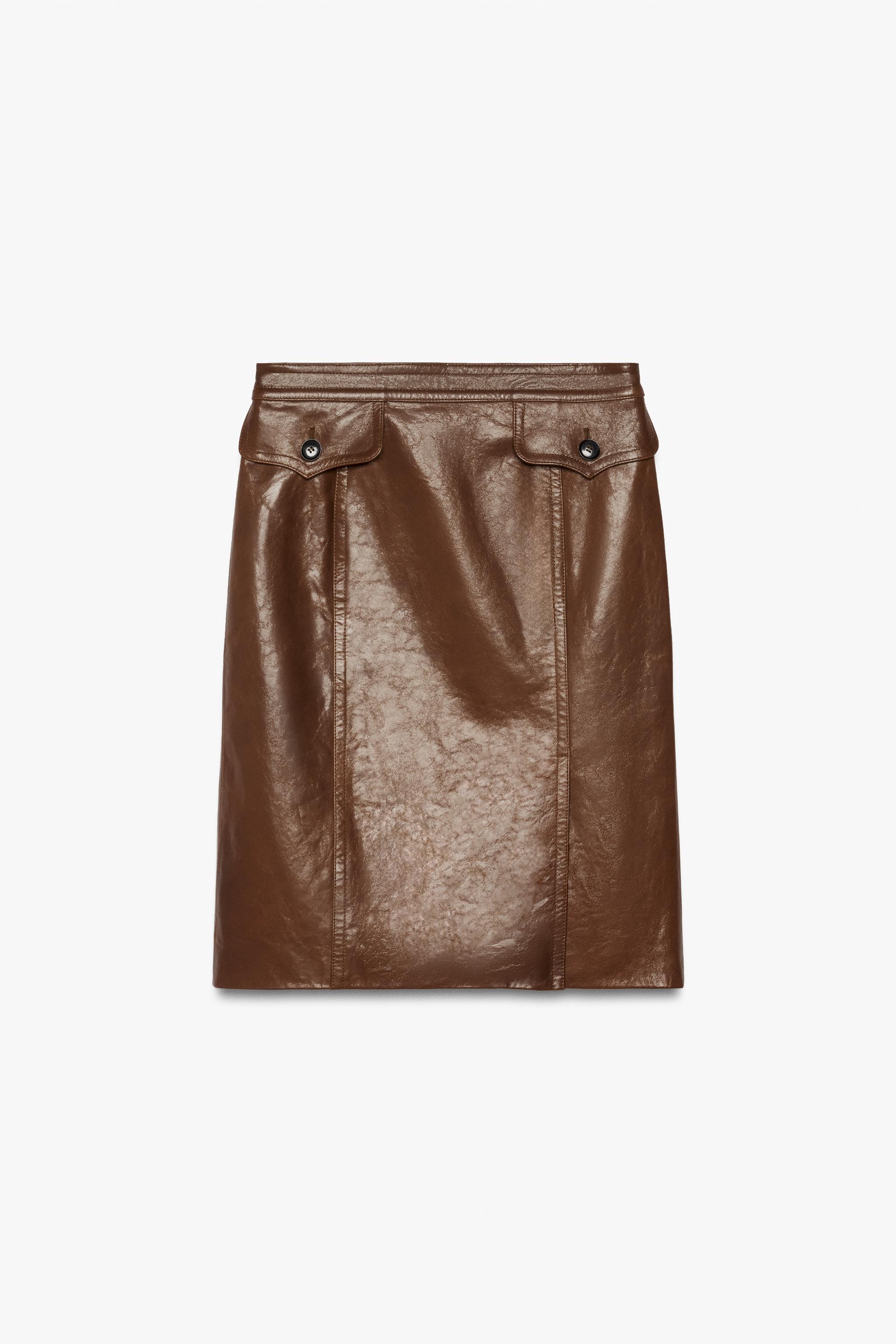 Zw Collection 100% Leather Midi Skirt With Pockets by Zara