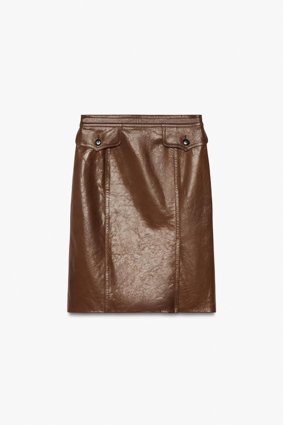JUPE MIDI 100% CUIR POCHES ZW COLLECTION - Marron de Zara - Image 1