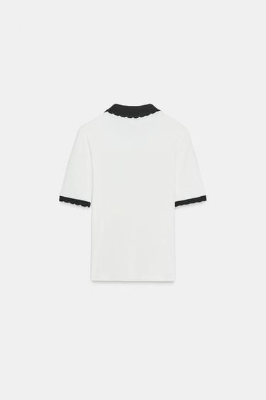 T-SHIRT COL CONTRASTÉ AVEC LIEN - Blanc de Zara - Image 1