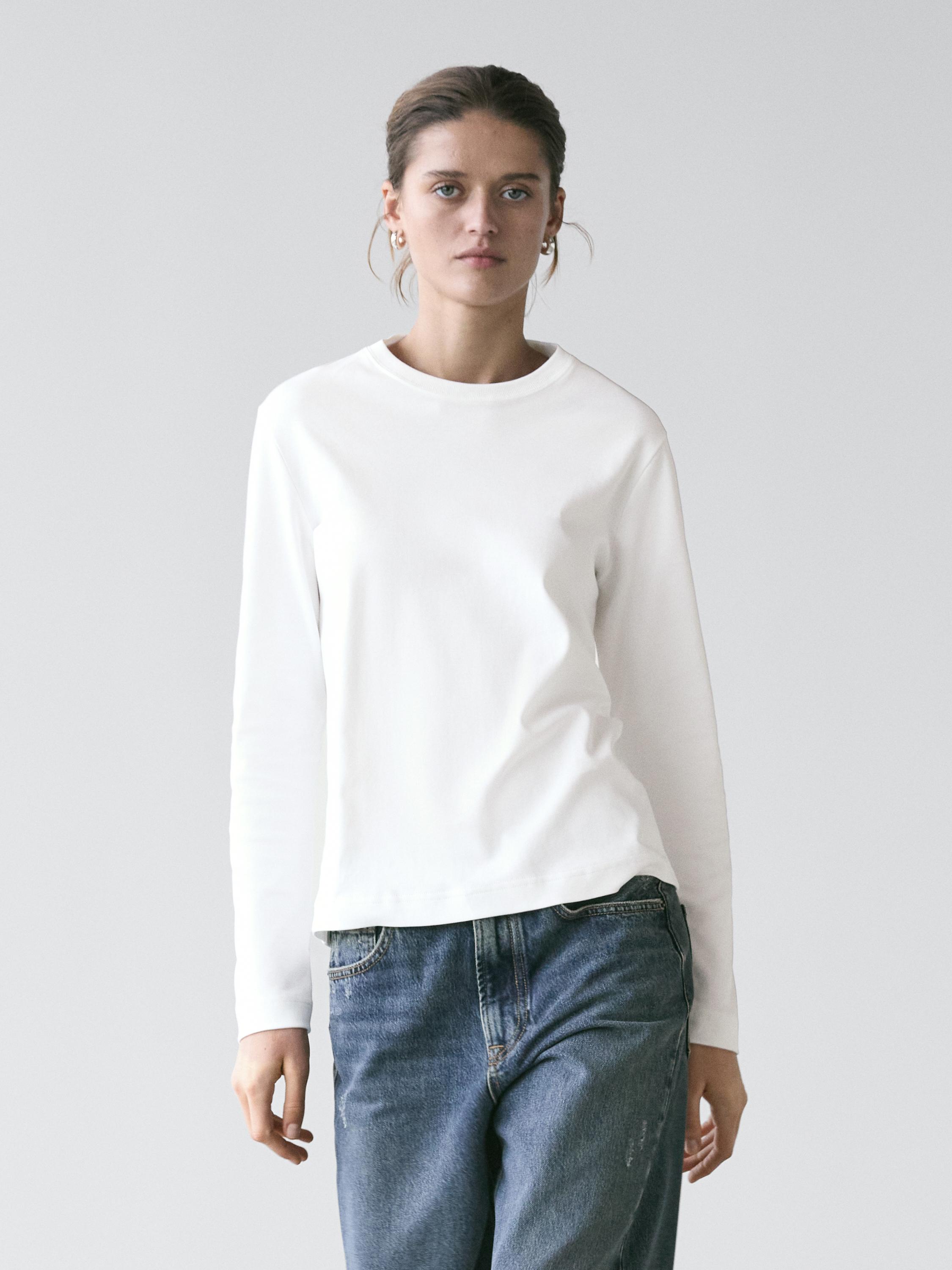 100% cotton interlock long sleeve T-shirt - Oyster-white | ZARA