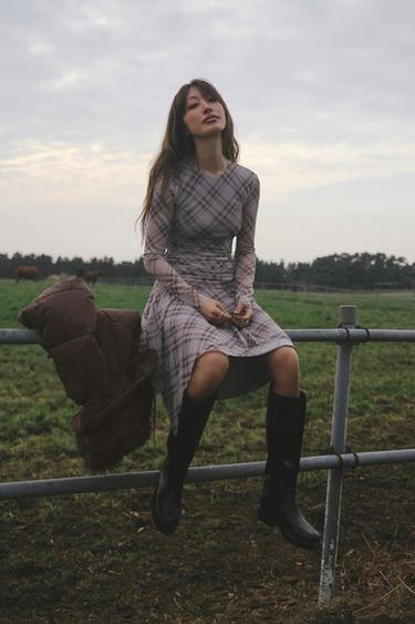 체크 튤 원피스 - Zara 라일락