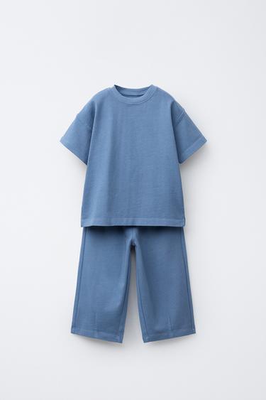Zara PLAIN WIDE LEG T-SHIRT AND PANTS SET - Blue