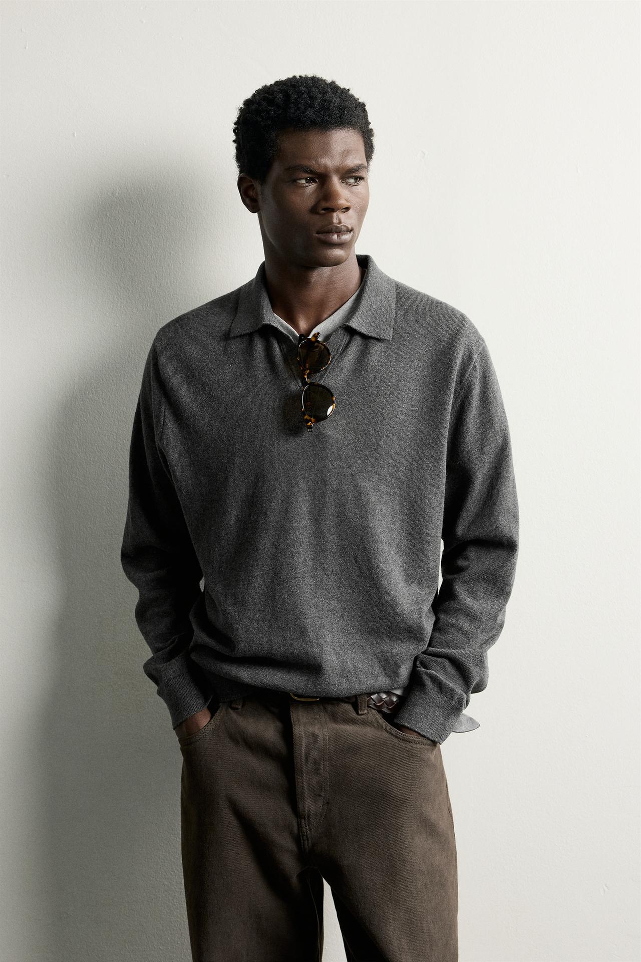 COTTON-BLEND REGULAR FIT KNIT POLO — Gray marl