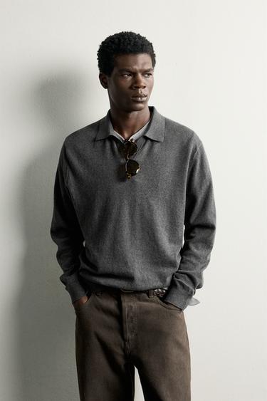 COTTON-BLEND REGULAR FIT KNIT POLO — Gray marl 2