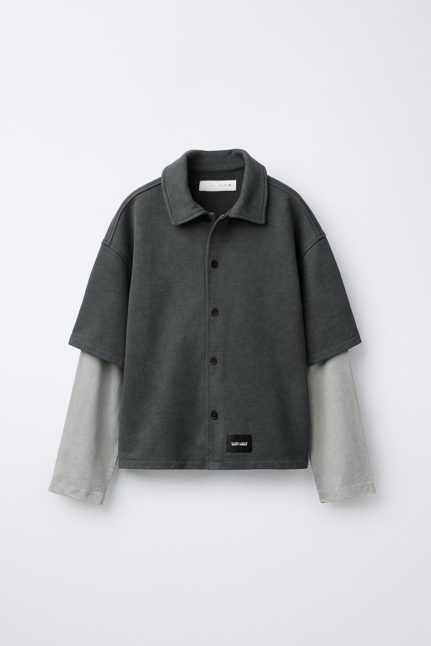 WASHED EFFECT DOUBLE SLEEVE PLUSH SHIRT