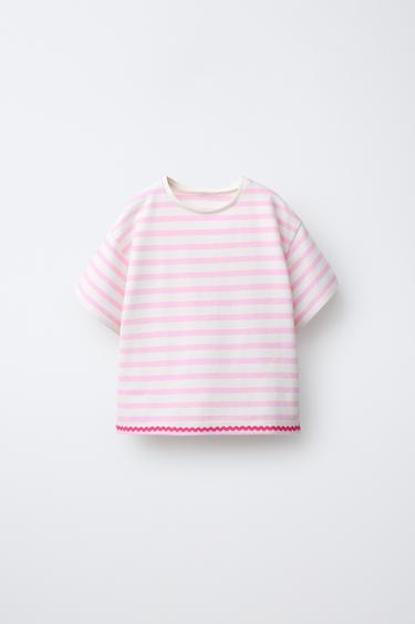 WOVEN STRIPE T-SHIRT WITH RUFFLE TRIM AND WAVY DETAIL - Pink by Zara
