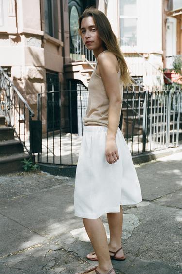 Zara LINEN DRAWSTRING BERMUDA SHORTS - White