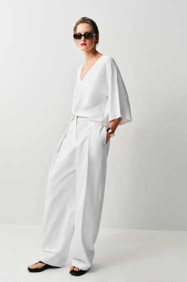 Zara FLOWY V-NECK KNIT JUMPER - White