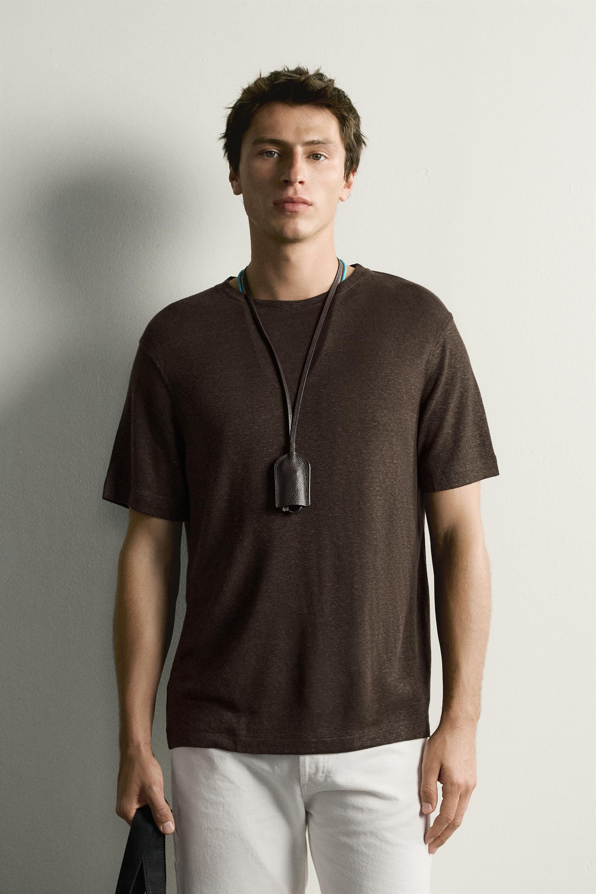 Мужские футболки Zara HEMP-VISCOSE REGULAR FIT T-SHIRT — фото 2