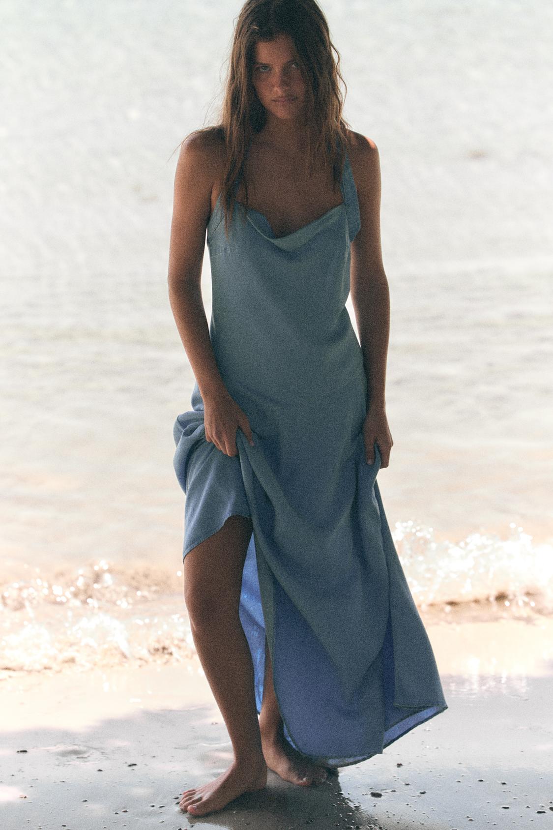 ZARA ASYMMETRIC TRF HALTER DENIM DRESS