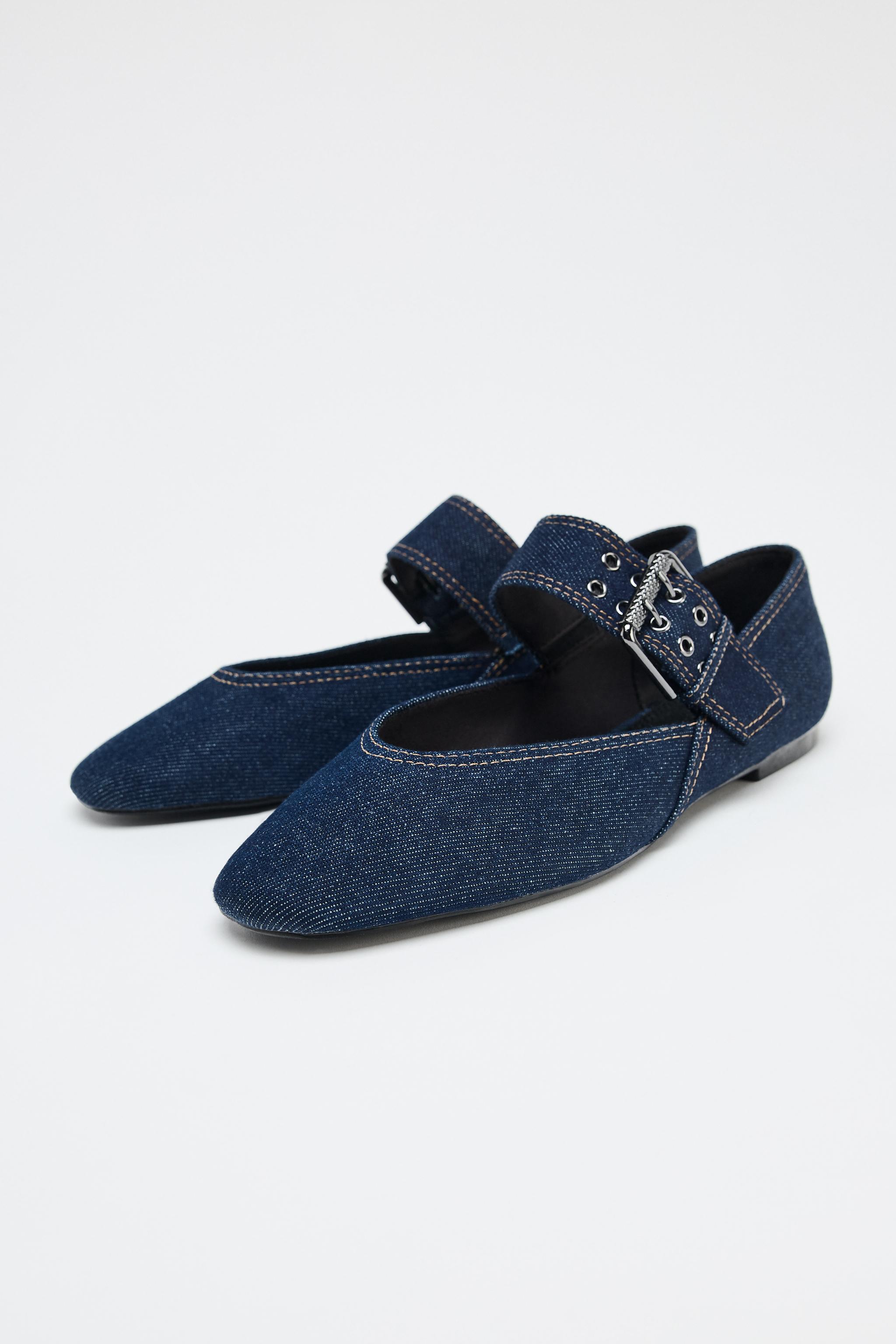 デニム バックル付きバレリーナシューズ - ブルー | ZARA Japan