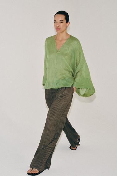 ZW COLLECTION RAMIE STRIPED SHIRT - Green / Ecru by Zara