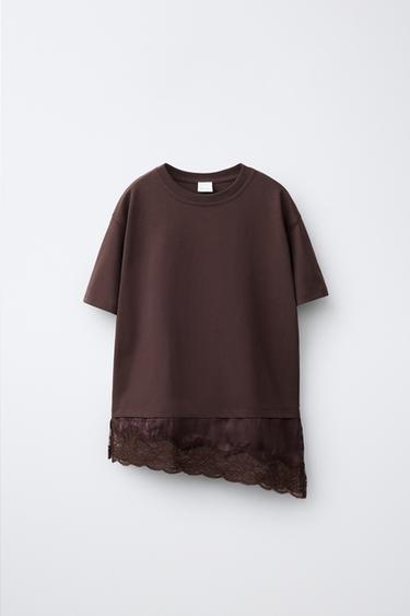 CAMISETA COMBINADA COM RENDA - Chocolate da Zara