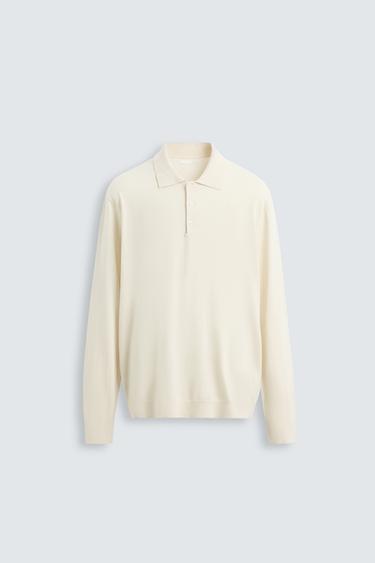 Zara KNIT COTTON - LYOCELL POLO SHIRT - Ecru / Beige