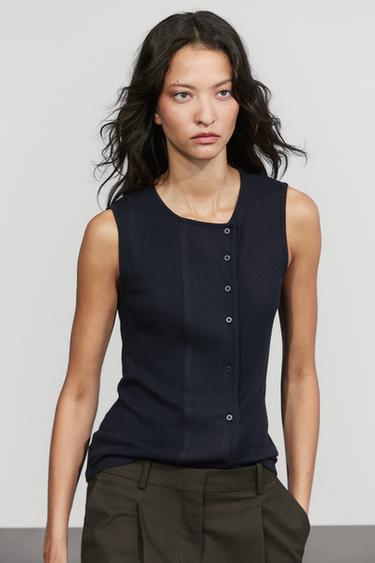 Cotton blend button placket T-shirt — Navy blue 2