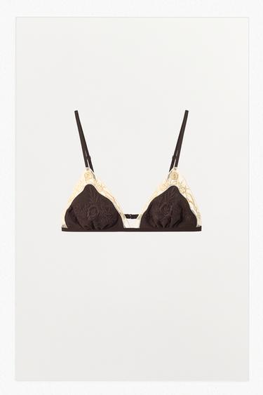 Zara 100% VISCOSE EMBROIDERED LACE BRA - Dark brown