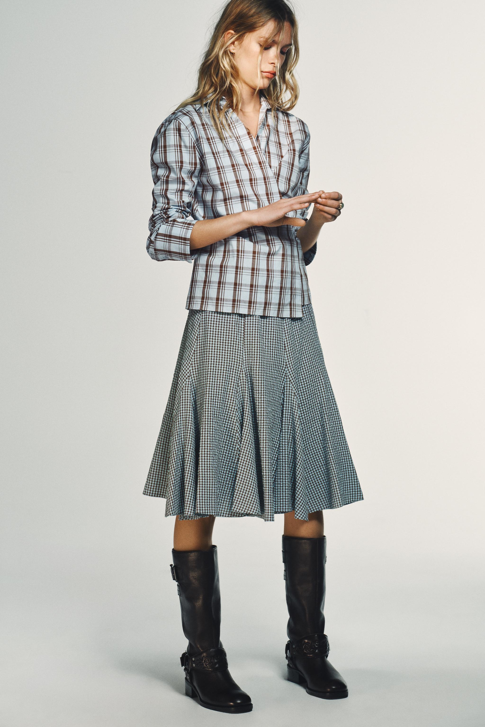 CAMISA DE POPELINA CRUZADA XADREZ - Marrom-Azul | ZARA Brasil