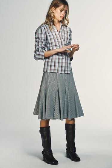 CHECK POPLIN WRAP SHIRT - Brown-Blue by Zara