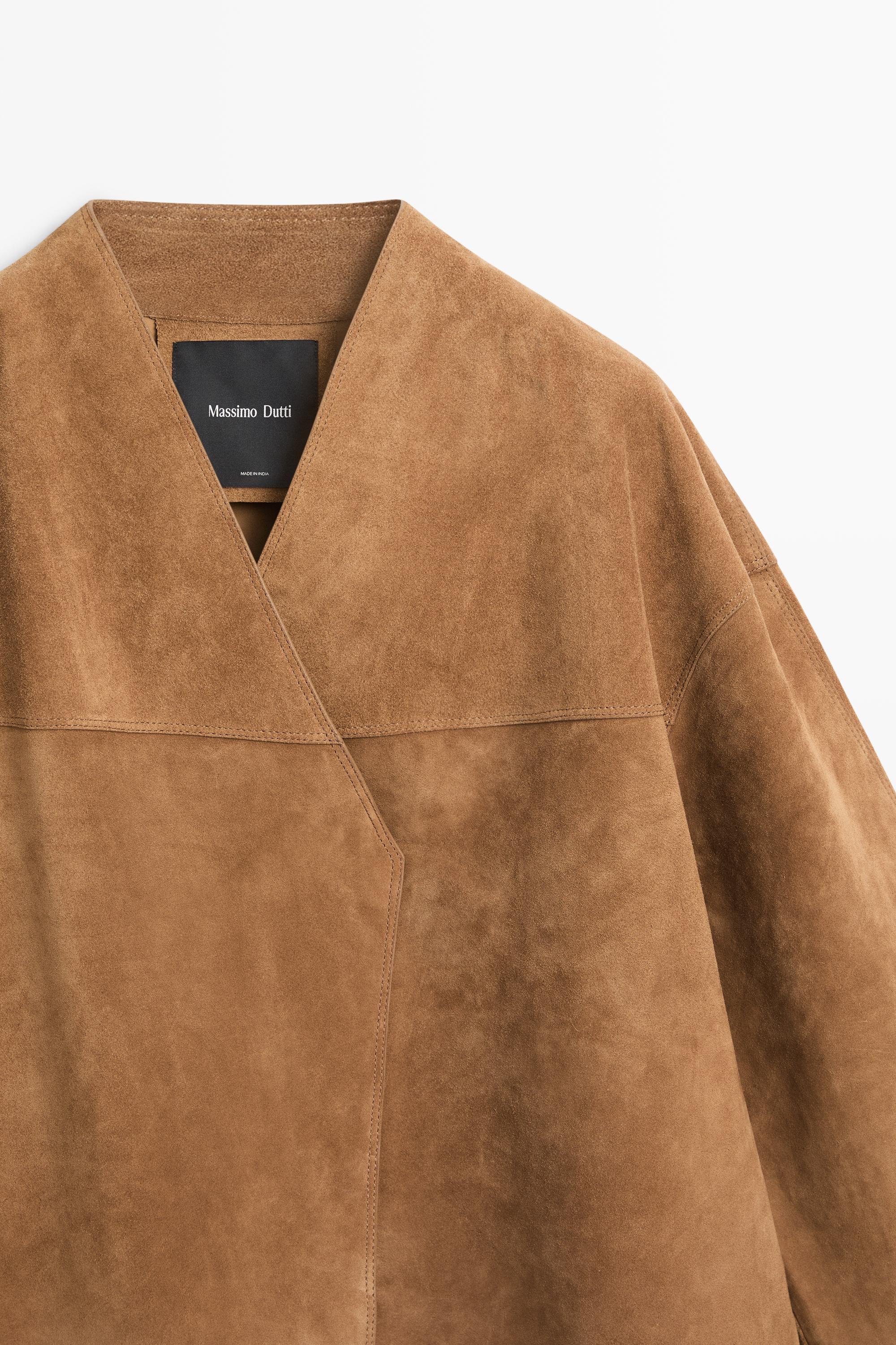 Short double-breasted suede leather jacket