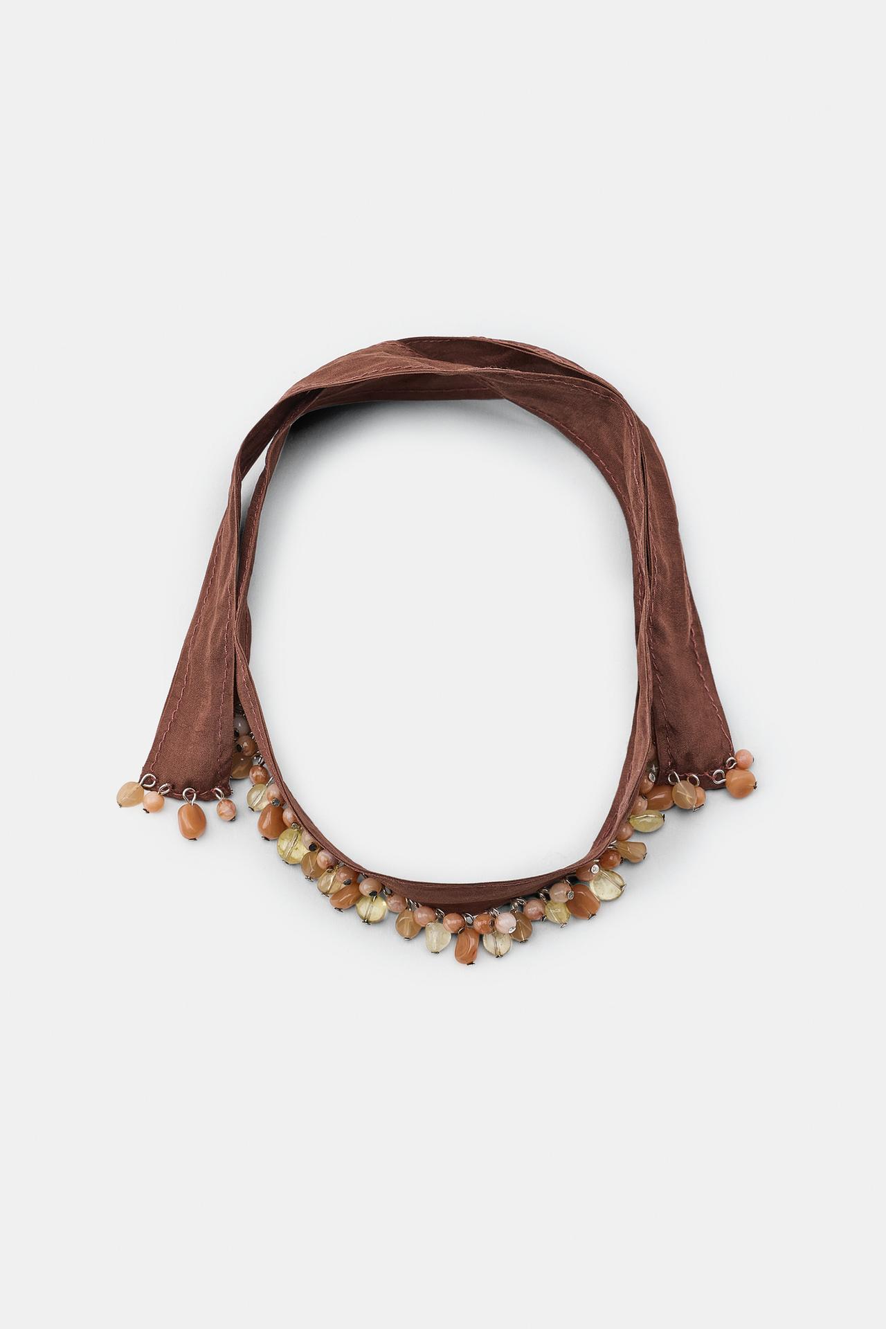 FABRIC BEADED CHOKER — Brown
