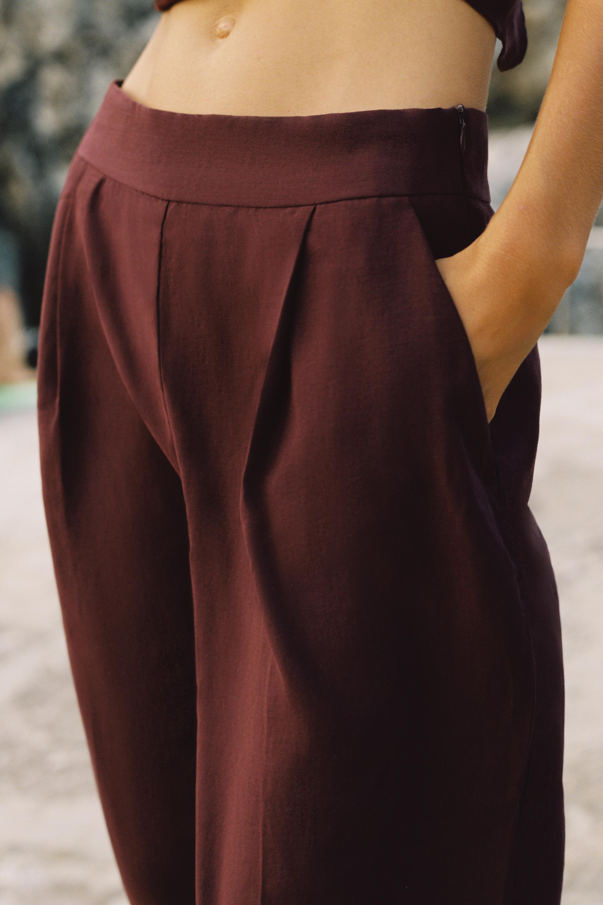 PLEATED STRAIGHT-LEG TROUSERS — Plum