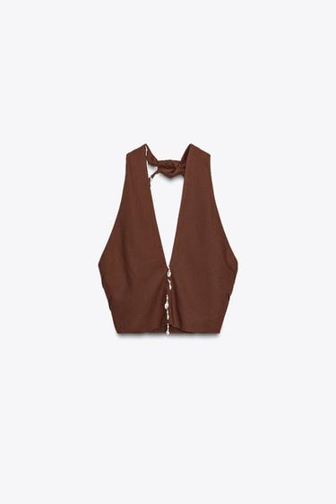 SHELL DETAIL LINEN BLEND HALTER TOP - Terracotta by Zara