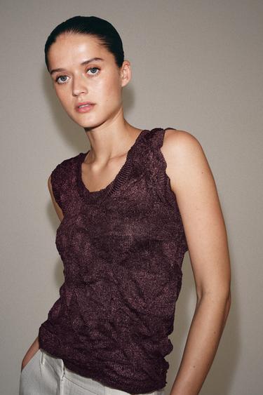 Zara WRINKLED EFFECT KNIT TOP - Eggplant