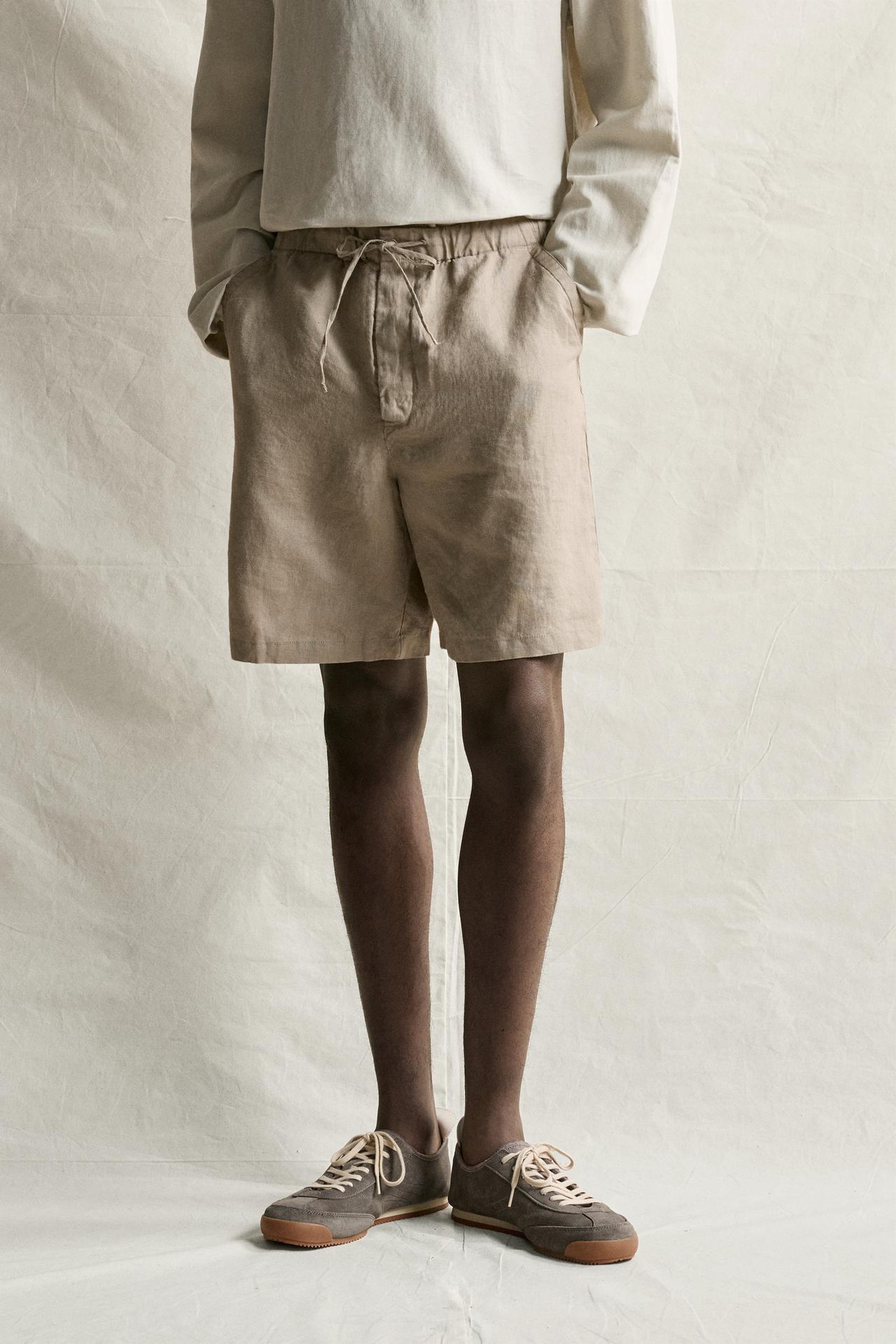100% LINEN RELAXED FIT SHORTS — Taupe gray