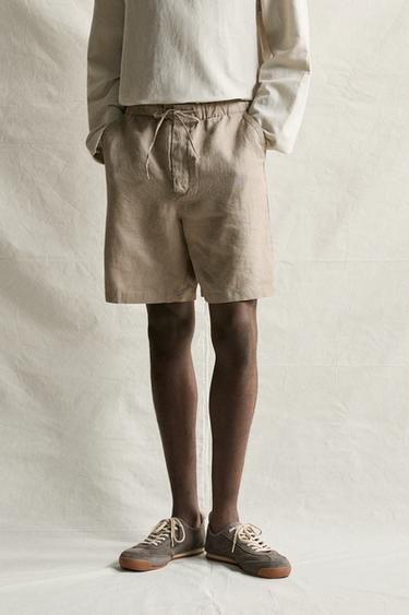 100% LINEN RELAXED FIT SHORTS — Taupe gray 2